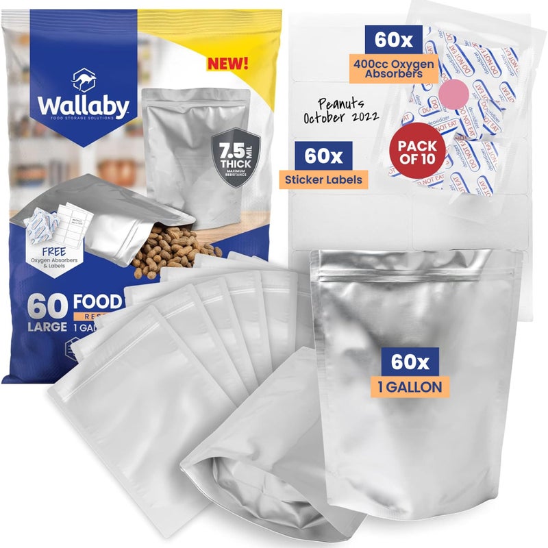 Wallaby 60 Count 1Gallon Gusset Mylar Bags with 400cc Oxygen Absorbers 15 Mil Total Thickness LongTerm Food Storage Pouches 10x14 StandUp Resealable HeatSealable Airtight Packaging Silver